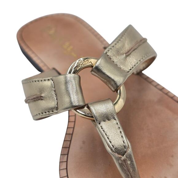 Lilly Pulitzer Thong Flat Sandals Gold Metallic Leather Flip Flops Women's 6.5M - Picture 2 of 9